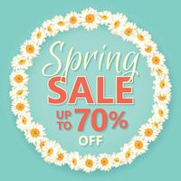 Spring sale banner with daisy chain and text on vintage blue background. vector