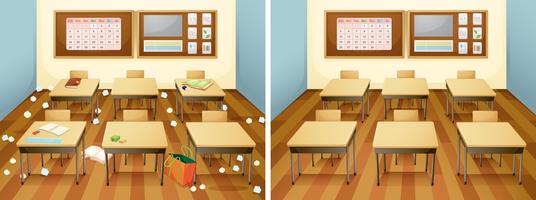 Un aula antes y después de limpiar. vector