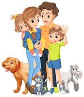 Familia con dos hijos y mascotas. vector