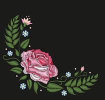 Florece las rosas aisladas en fondo negro. Ilustracion vectorial Bordado folk cuello línea patrón. vector