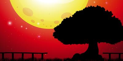 Background scene with big tree and red sky vector