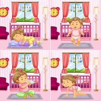 Cuatro escenas de niña pequeña en dormitorio vector