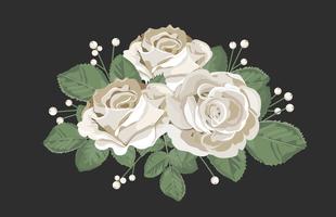 Ramo de diseño retro. Rosas blancas con las hojas y la baya en fondo negro. Ilustración de vector floral tierna en estilo acuarela vintage.