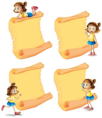 Four blank papers with girl in different actions