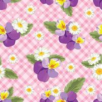 Floral seamless pattern. Pansies with chamomiles on pink gingham, chequered background. Vector illustration