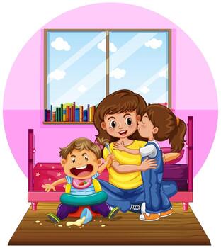 Madre y dos hijos en el dormitorio. vector