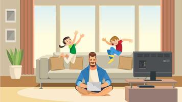 Children play and jump on sofa behind working business father vector