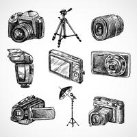 Camera sketch icons set vector