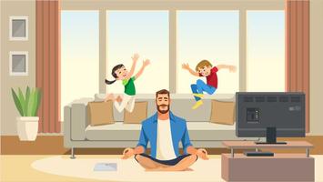 Children play and jump on sofa behind calm and relaxing meditation father