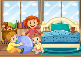 Tres niños en habitación con cama azul. vector