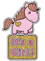 Its a girl. Bright pink and golden glitter baby shower invitation card with cute cartoon kawaii pony.