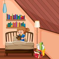 Little girl and teddybear in bedroom vector