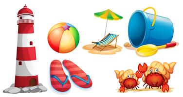 Lighthouse and different kinds of beach items vector