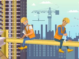 Two Builders Sit on Beam above House construction. vector