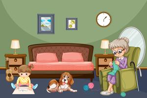 Grandmother with kid and dog in room