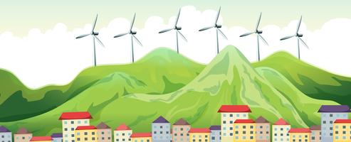 Wind turbines on top of mountains vector