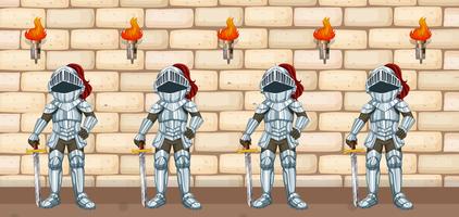 Four knights standing by castle wall vector