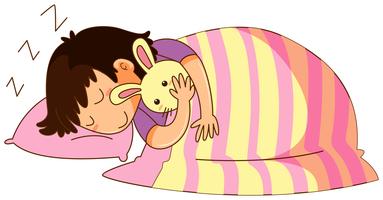 Niño pequeño en la cama con muñeca de conejito vector