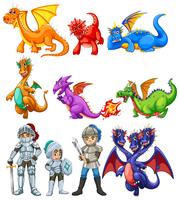 Muchos dragones y caballeros sobre fondo blanco vector