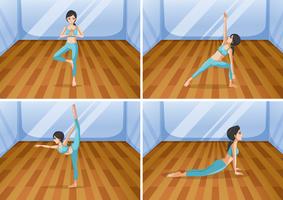 Mujer haciendo yoga en cuatro posiciones diferentes. vector