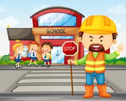 vector illustration of a schoolchildren crossing the road with the help of  the police 7414877 Vector Art at Vecteezy