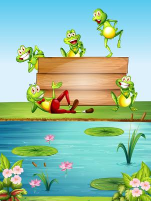 Wooden sign template with many frogs by the pond