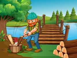 Man chopping woods by the river vector