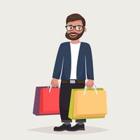 Bearded hipster man in glasses is shopping with the packages. vector