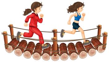 Two girls running on the wooden bridge vector