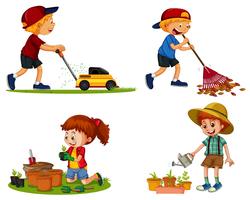 Chicos y chicas hacen diferentes trabajos de jardinería. vector