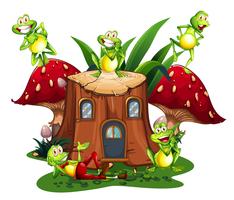 Happy frogs on wooden log house vector