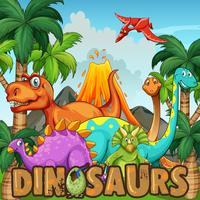 Different types of dinosaurs by the volcano vector