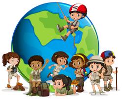 Multicultural scout with globe vector