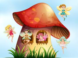 Five fairies flying in mushroom garden vector