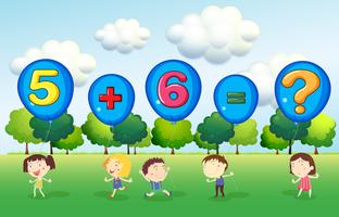 Math worksheet with kids in park vector