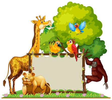 Wild animals around wooden frame