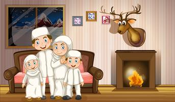 Muslim family in living room with fireplace vector