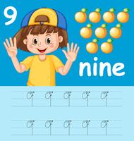 Number nine tracing worksheets vector