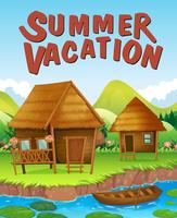 Tema de vacaciones de verano con casas junto al río. vector