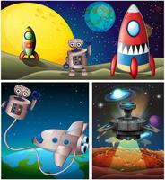 Three scenes with rocket in space vector