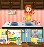 Women doing different chores in the house