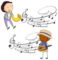 Musicians playing music with notes in background vector