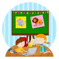 Two kids studying in classroom vector