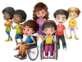 Happy children standing and on wheelchairs vector