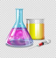 Beakers and syringe with liquid inside vector