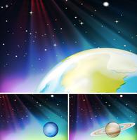 Three space scenes with planet and stars vector