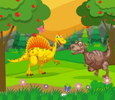 Spinosaurus and T-Rex in the field vector