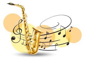 Saxofón dorado con notas musicales en el fondo. vector