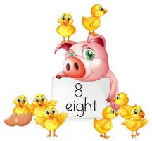 Counting number eight with pig and chicks vector