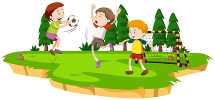 Boys playing soccer in the field vector